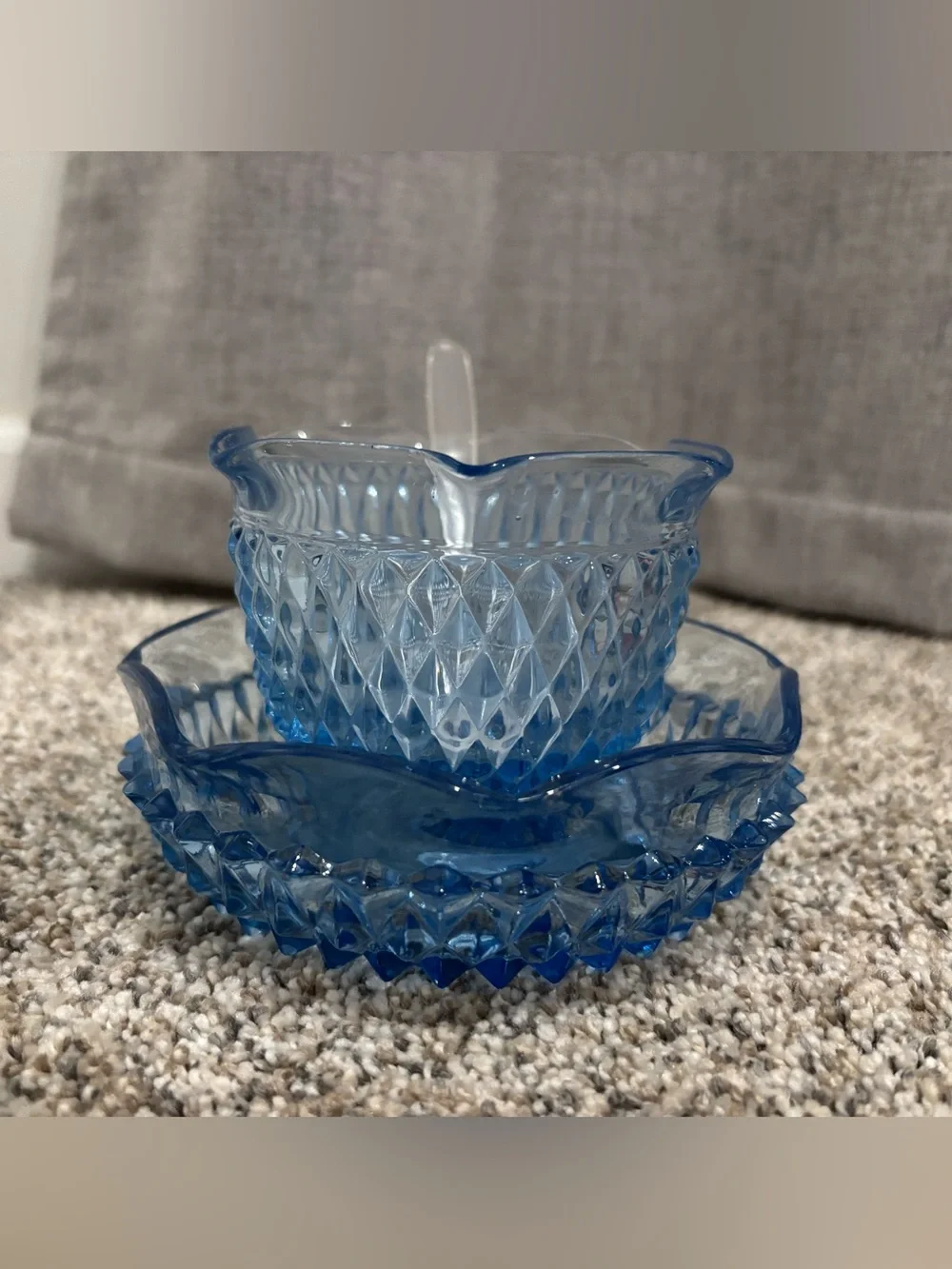 Vintage Indiana Glass Regal Blue Diamond Point Mayonnaise Bowl & Under plate Set